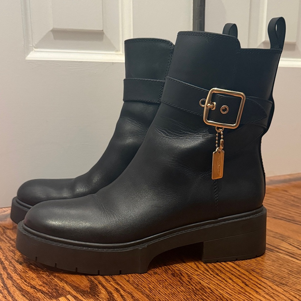 Coach Black Leather Ankle Boots with Gold Buckle